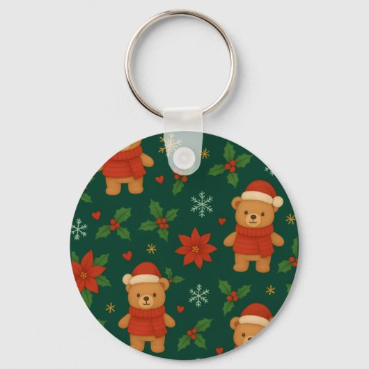 Christmas Teddy Bear Pattern – Cute Green Holiday  Sleutelhanger (Voorkant)