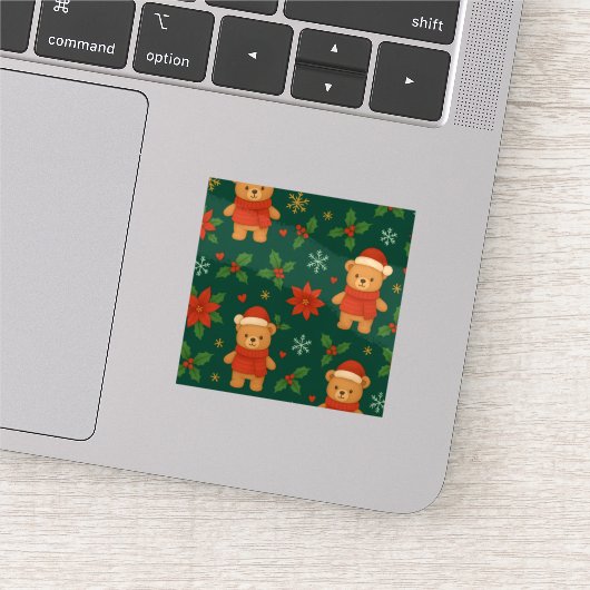 Christmas Teddy Bear Pattern – Cute Green Holiday  Sticker (Detail)