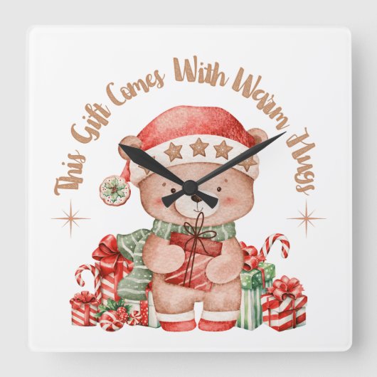 Christmas Teddy Bear Wall Clock Nursery Vierkante Klok (Voorkant)