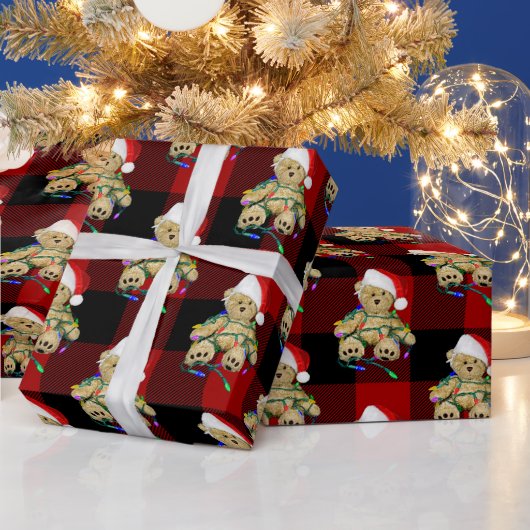 Christmas Teddy Bears On Buffalo Plaid Cadeaupapier (Feestdagen)