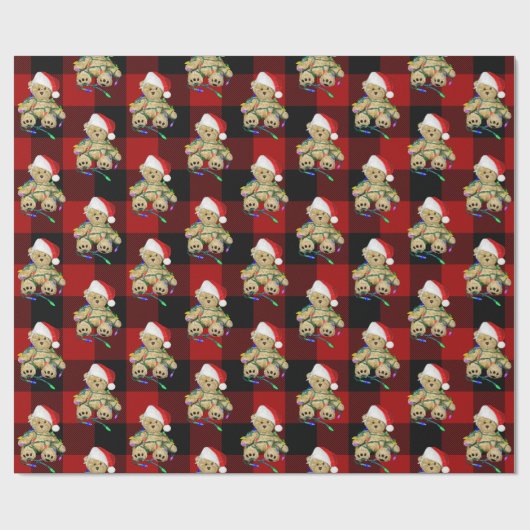 Christmas Teddy Bears On Buffalo Plaid Cadeaupapier (Vlak)