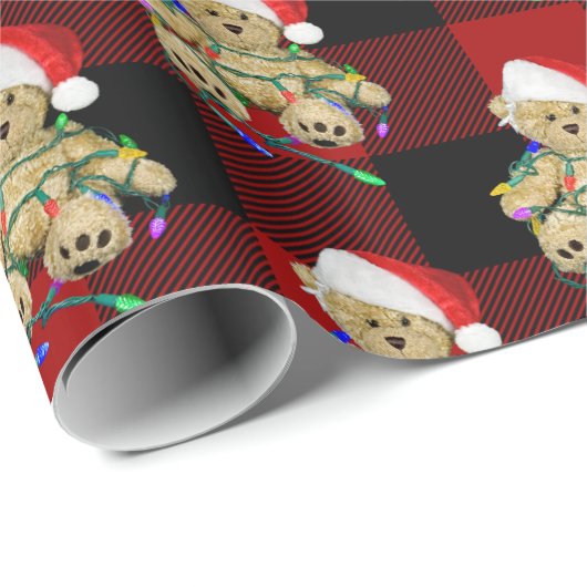 Christmas Teddy Bears On Buffalo Plaid Cadeaupapier (Rol Hoek)