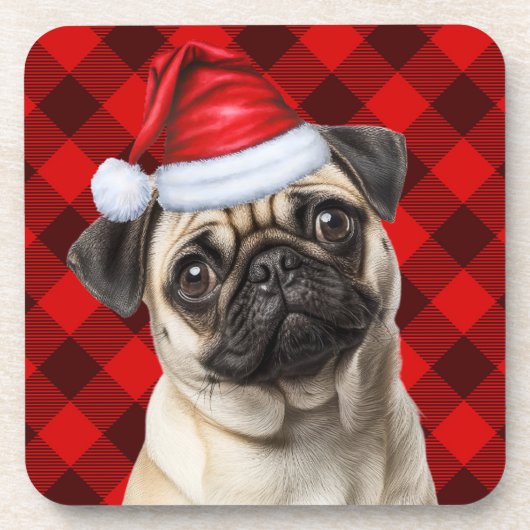 Christmas Themed Pug Dog Holiday Buffalo Plaid Bier Onderzetter (Voorkant)