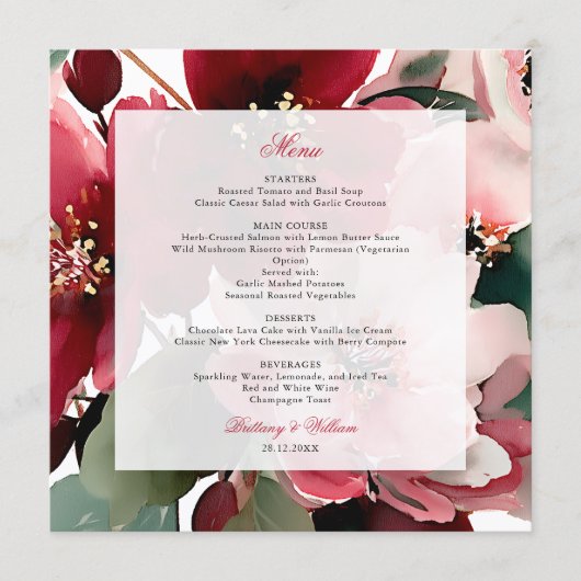 Christmas Themed Red Floral Wedding Menu (Voorkant)