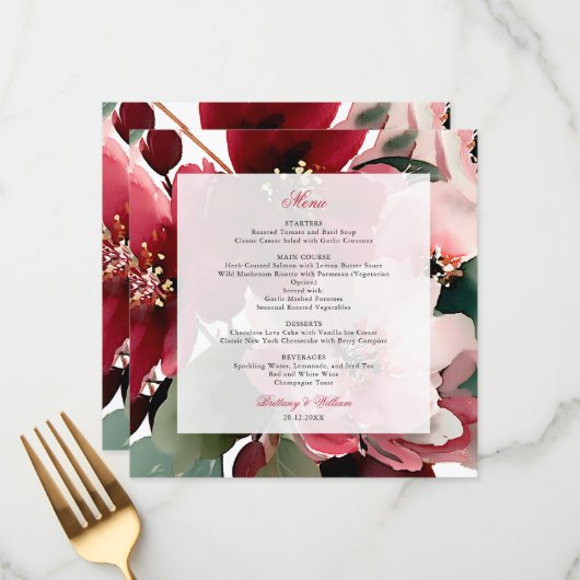  Christmas Themed Red Floral Wedding  Menu (Voorkant / Achterkant in situ)