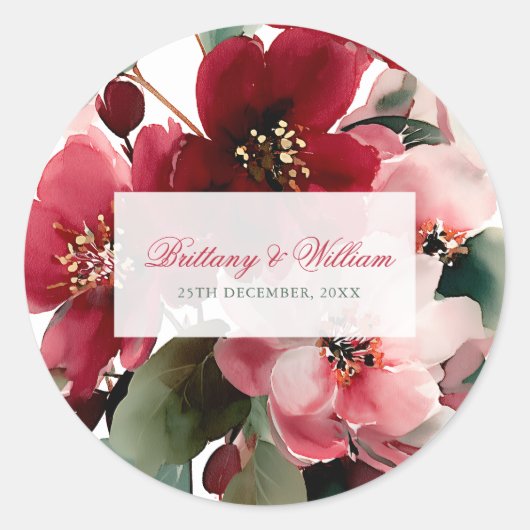  Christmas Themed Red Floral Wedding  Ronde Sticker (Voorkant)