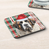 Christmas Themed Saint Bernard Dog Holiday Plaid Bier Onderzetter (Linkerzijde)