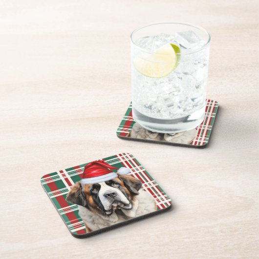 Christmas Themed Saint Bernard Dog Holiday Plaid Bier Onderzetter (Rechterzijde)