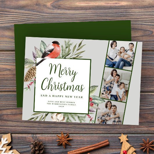 Christmas Three Photo Script Holiday Kaart