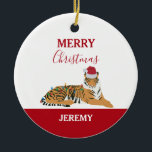 Christmas Tiger Funny Animal met Santa Hat Kaart Keramisch Ornament<br><div class="desc">Een grappige tijger die in de kerstsfeer komt door het dragen van een kerstmuts. Versier je kerstboom en laat je vrienden en familie giechelen. Ideaal kerstontwerp voor uw kerstdecor en geschenken. Pas de tekst aan en maak het uw eigen.</div>