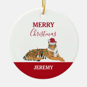 Christmas Tiger Funny Animal met Santa Hat Kaart Keramisch Ornament