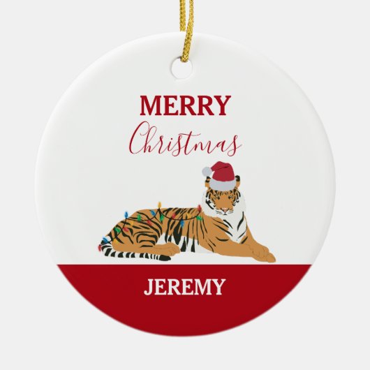 Christmas Tiger Funny Animal met Santa Hat Kaart Keramisch Ornament (Voorkant)
