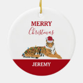 Christmas Tiger Funny Animal met Santa Hat Kaart Keramisch Ornament (Achterkant)