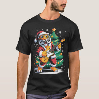 Christmas Tiger Playing Guitar Music Santa Hat Xma T-shirt