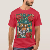 Christmas Tiger With Poinsettias & Snowflakes T-shirt (Voorkant)
