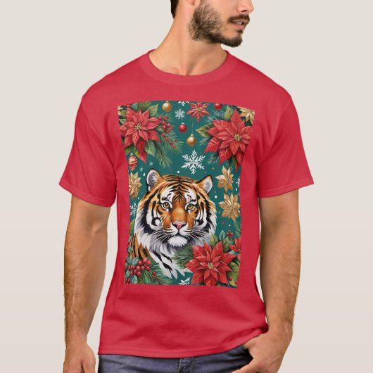 Christmas Tiger With Poinsettias & Snowflakes T-shirt (Voorkant)