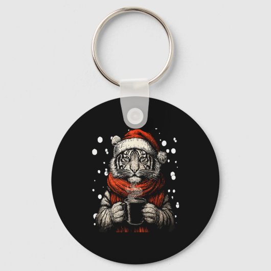 Christmas Tiger With Santa Hat Coffee Lover Funny Sleutelhanger (Voorkant)