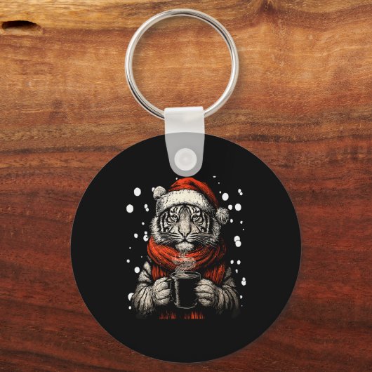 Christmas Tiger With Santa Hat Coffee Lover Funny  Sleutelhanger (Voorkant)