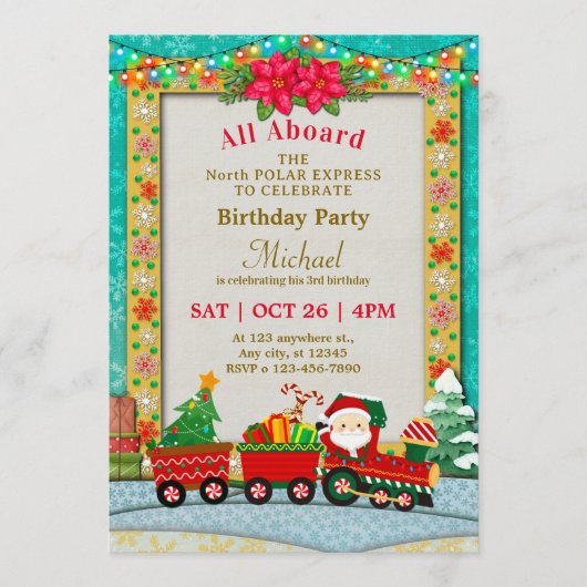Christmas Train Birthday - All Aboard Kids Party Kaart (Voorkant)