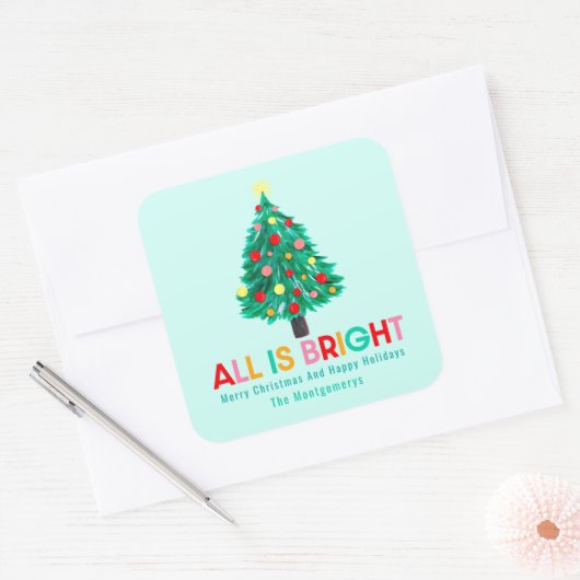 Christmas Tree "All Is Bright" Pastel Personalize Vierkante Sticker (Envelop)