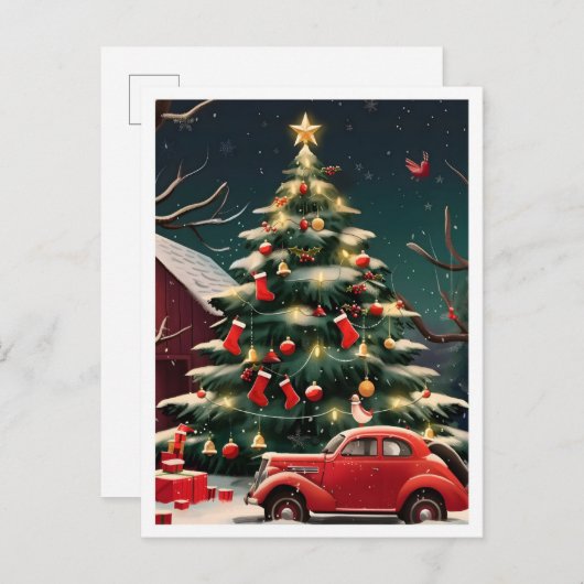 Christmas Tree and Vintage Car Briefkaart (Voorkant / Achterkant)
