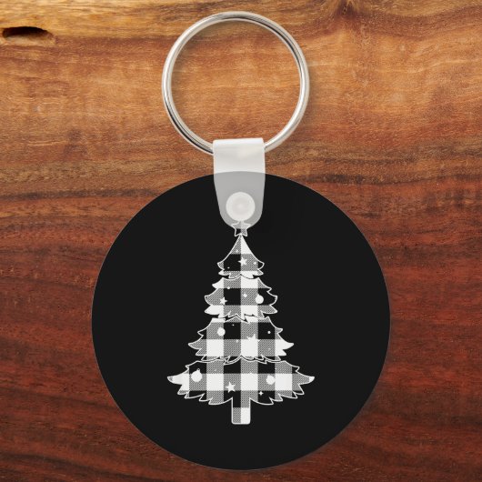 Christmas Tree Black &amp; White Buffalo Plaid Mer Sleutelhanger (Voorkant)
