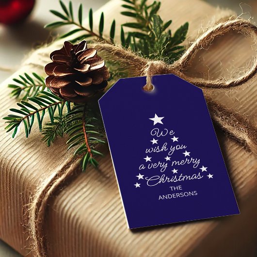 Christmas Tree Blue White Stars & Name Typography Cadeaulabel