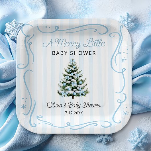 Christmas Tree Blue Winter Baby Shower Papieren Bordje