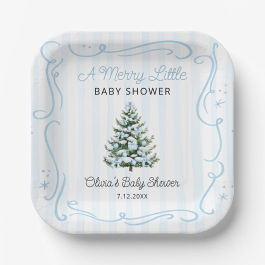 Christmas Tree Blue Winter Baby Shower Papieren Bordje (Voorkant)