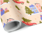 Christmas Tree Car House Illustratiepatroon Cadeaupapier (Rol Hoek)