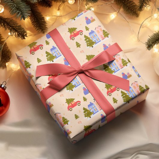 Christmas Tree Car House Illustratiepatroon Cadeaupapier