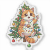 Christmas Tree Climber Cat Tangled in Lights Holid Sticker (Voorkant)