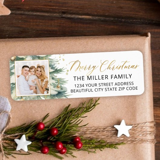 Christmas Tree Gold Script Foto Retouradres Etiket