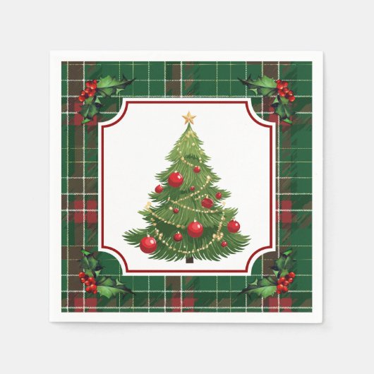 Christmas Tree Green Plaid with Holly Servet (Voorkant)