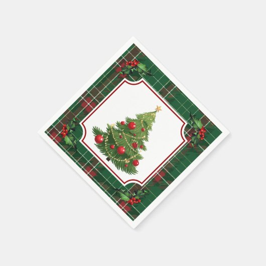 Christmas Tree Green Plaid with Holly Servet (Hoek)