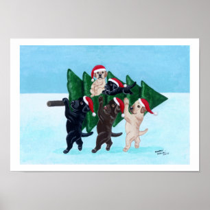 Christmas Tree Labradors in the Snow Field Artwork Poster