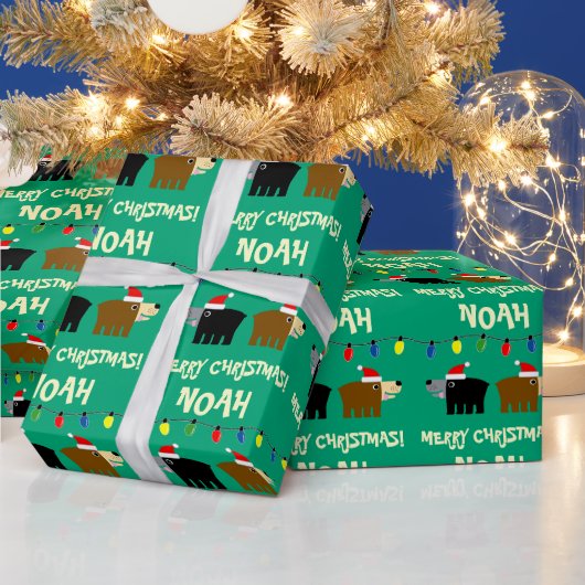 Christmas tree lights with Santa bear cartoon Cadeaupapier (Feestdagen)