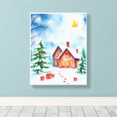 Christmas Tree & Log Cabin Winter Wonderland Canvas Afdruk (Insitu (Houten vloer))