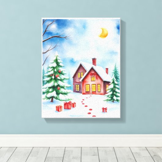 Christmas Tree & Log Cabin Winter Wonderland Canvas Afdruk (Insitu (Houten vloer))