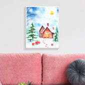 Christmas Tree & Log Cabin Winter Wonderland Canvas Afdruk (Insitu (Woonkamer))