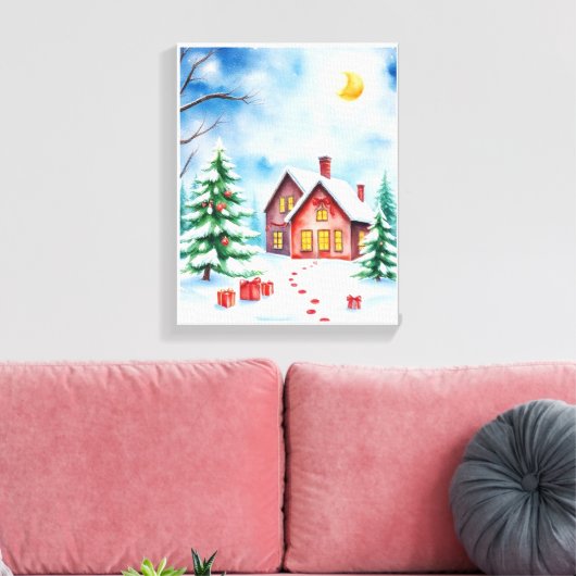 Christmas Tree & Log Cabin Winter Wonderland Canvas Afdruk (Insitu (Woonkamer))