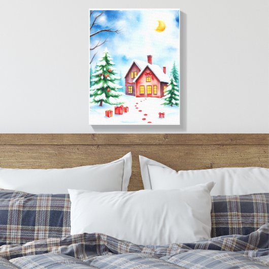 Christmas Tree & Log Cabin Winter Wonderland Canvas Afdruk (Insitu (Slaapkamer))