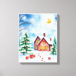 Christmas Tree & Log Cabin Winter Wonderland Canvas Afdruk