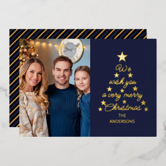 Christmas Tree Navy Blue Gold Stars Family Photo  Folie Feestdagenkaart