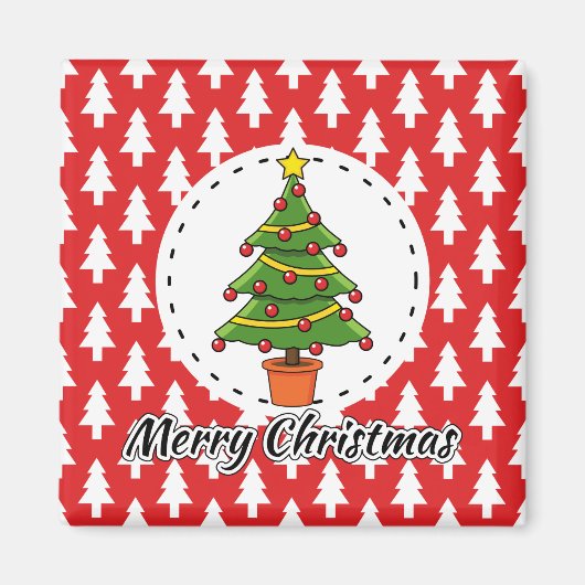 Christmas Tree on Red Pines Pattern - Merry Xmas Magneet (Voorkant)