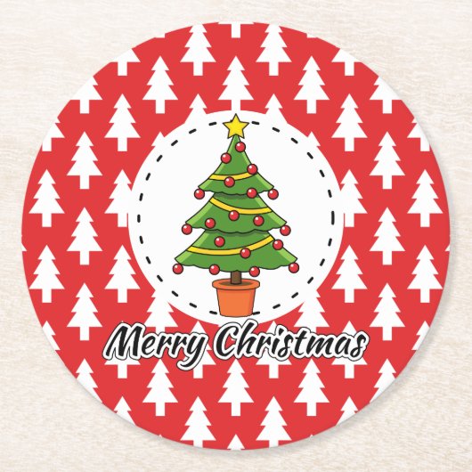 Christmas Tree on Red Pines Pattern - Merry Xmas Ronde Kartonnen Onderzetter (Voorkant)