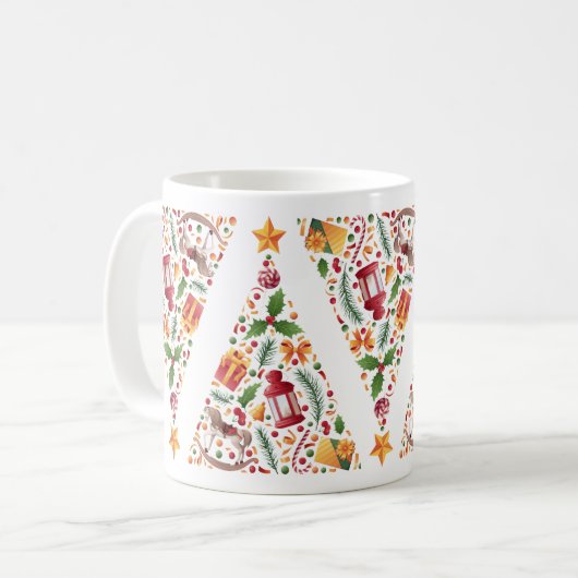 Christmas tree pattern with toys  white background koffiemok (Voorkant links)