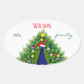 Christmas Tree Peacock Family Name Ovale Sticker (Voorkant)