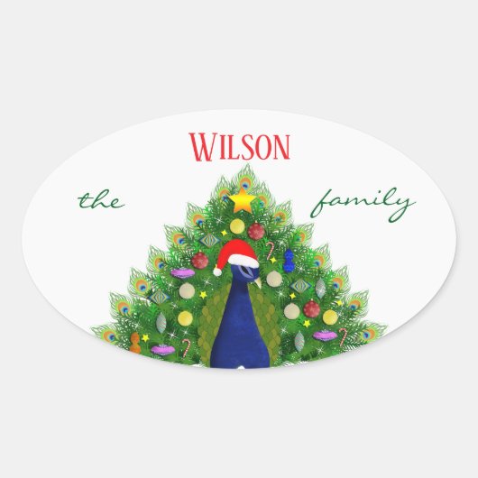 Christmas Tree Peacock Family Name Ovale Sticker (Voorkant)