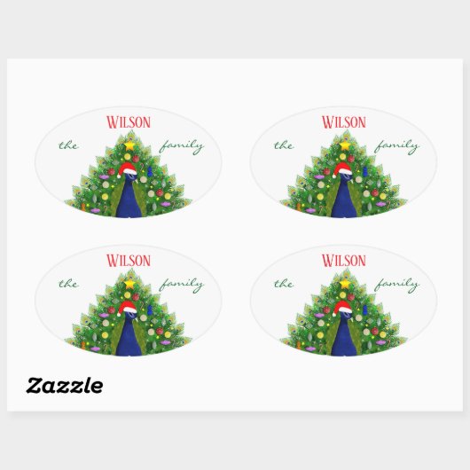 Christmas Tree Peacock Family Name Ovale Sticker (Vel)